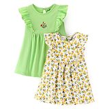 Doodle Poodle 100% Cotton Knit Sleeveless Frock with Frill Detailing & Lemon Print Pack Of 2 - Green Yellow & White