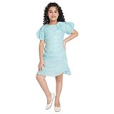 Peppermint Puffed Sleeves Shinny Corsage Applique Party Wear Dress - Sea Green