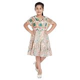 Peppermint Drop Shoulder Half Sleeves Abstract Floral Printed Dress - Green