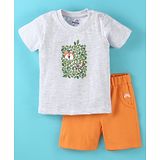 Doodle Poodle 100% Cotton Half Sleeves T-Shirt & Shorts Set Fox Print- Grey & Orange