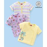 Babyhug 100% Cotton Antibacterial Half Sleeves Vests Boat & Palm Tree Print Pack of 3 - Purple & Yellow