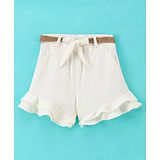 Little Kangaroos Woven Mid Thigh Waffel Flared Fit Solid Shorts with Self Belt - Off White