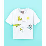 Little Kangaroos 100% Cotton Knit Half Sleeves Loose Fit Droop Shoulder T-Shirt Wild Animals Print - White