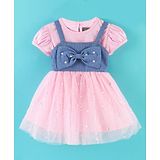 Little Kangaroos Cotton Blend Short Sleeves Tee with Sequined Denim Frock - Pink & Light Blue