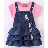 Little Kangaroos Cotton Denim Layered Frock with Half Sleeves Tee Bird Embroidered - Pink & Light Blue