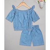 Budding Bees Off Shoulder Half Sleeves Bow Embellished Top With Solid Shorts - Blue