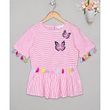 Budding Bees Half Sleeves Striped Tassel Detailed Top - Pink