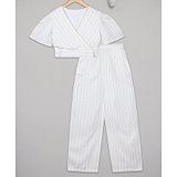 Budding Bees Half Sleeves Pencil Striped Crop Top With Coordinating Pant - Off White