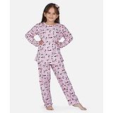 KNITCO Pure Cotton Full Sleeves Panda Printed Night Wear - Pink