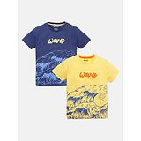 Mackly Pack Of 2 Half Sleeves Waves Printed Tees - Navy Blue Yellow