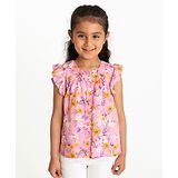 Campana Short Flutter Sleeves Seamless Floral Printed Button Down Top - Pink & Orange