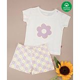 Nino Bambino 100% Cotton Half Sleeves Flower Printed Tee With Coordinating Shorts - Cream