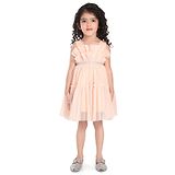 Peppermint Sleeveless Polka Dotted Glitter Embellished Mesh Yoke Frilled Part Dress - Peach