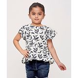 Tiny Girl Short Flutter Sleeves Forest Theme Leaves Printed Top - Navy Blue