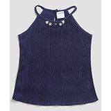 Tiny Girl Sleeveless Floral Appliqued Pleated Top - Navy Blue