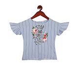 Tiny Girl Frill Half Sleeves Roses Printed & Pencil Striped Top - Blue