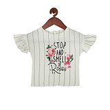 Tiny Girl Frill Half Sleeves Roses Printed & Pencil Striped Top - Off White