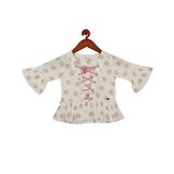 Tiny Girl Three Fourth Bell Sleeves All Over Printed Peplum Laced Up Top - Onion Pink