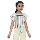 Tiny Girl Flutter Half Sleeves Balance Striped Front Knot Tie Up Top - Light Blue