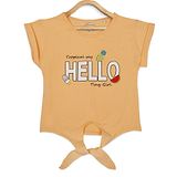 Tiny Girl Short Sleeves Hello Text With Fruits & Candy Printed Front Knot Tie Up Top - Peach