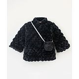 Little Kangaroos Full Sleeves Fur Jacket With Matching Purse Solid - Black