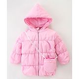 Little Kangaroos Taffeta Full Sleeves Solid Quilted Winter Jacket With Bag - Pink