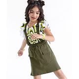 Ollington St. Star Print Half Sleeves Top with Knitted Waffle Fabric Pinafore - White & Olive