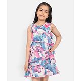 Nauti Nati Sleeveless Leaves  Printed Ruffle Dress - Blue