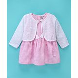 Wonderchild Full Sleeves Shrug With Striped Dress - Pink And White