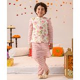 Pspeaches Full Sleeves All Over Flower Motif Printed Kurta With Seamless Floral Roses & Leaf Swirl Printed Jacket With Pyjama  - Off White