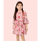 Naughty Ninos Three Fourth Bell Sleeves Floral Printed Flared Dress -  Peach