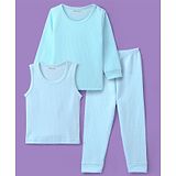 Kanvin Cotton Full Sleeves Solid Thermal Vests & Pajama Set - Aqua Blue