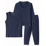 Kanvin Cotton Modal Full Sleeves Solid Thermal Vests & Pajama Set - Navy Blue