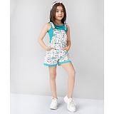 Naughty Ninos Sleeveless Cotton Dungarees With T-Shirt Printed - White & Blue