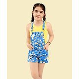 Naughty Ninos Sleeveless Cotton Dungarees With T-Shirt Floral Printed - Yellow & Blue