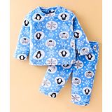 Kanvin Supersoft Extra Warm Velour Full Sleeves Winter Night Suit With Penguin Print - Blue