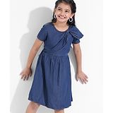 Hola Bonita Denim Dress Half Sleeves with Shoulder Bow and Solid Colour - Navy Blue