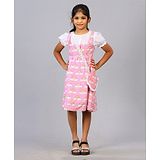 Zion Girls Half Puffed Sleeves Unicorn Printed Fit And Flare Dress With Pleated Bodice & Purse -Multi Colour