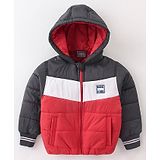 Little Kangaroos Full Sleeves Padded Hooded Winter Jacket Color Block- Red & Black