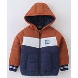 Little Kangaroos Full Sleeves Padded Hooded Winter Jacket Color Block- Navy Blue & Brown