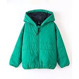 Little Kangaroos Full Sleeves Padded & Hooded Solid Winter Pocketable Jacket - Green