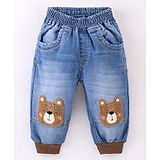 Little Kangaroos Baggy Fit Stretchable Denim Jeans With Bear Patch Work- Light Blue