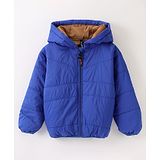 Little Kangaroos Full Sleeves Padded & Hooded Solid Winter Pocketable Jacket - Blue