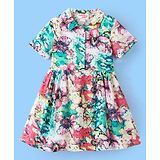 Under Fourteen Only Half Sleeves Colour Splashed Floral Printed Collared Dress - Multi Colour & White