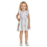 Peppermint Flutter Sleeves Cotton Striped Dress with Unicorn Embroidery - Pink