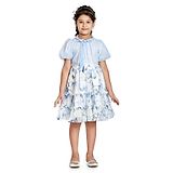 Peppermint Half Sleeves Cotton Striped and Tiered Dress with Floral Print - Blue