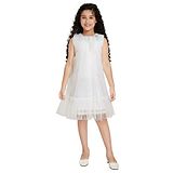 Peppermint Sleeveless Cotton A-Line Dress with Mesh Detailing & Sequined Bow Applique - Off White