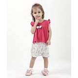 Budding Bees Half Sleeves Cotton Rayon Solid Colour Top with Bow Applique & Printed Shorts Set - Pink