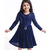 Hola Bonita Knit Full Sleeves Knee Length Dress with Sequins and Velvet - Blue