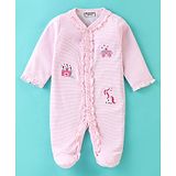 Wonderchild Full Sleeves Striped & Castle Embroidered Romper - White & Pink